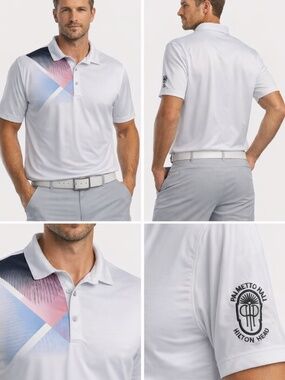 Men’s Performance Golf Polo Shirt White Geometric Athletic Lightweight XXL